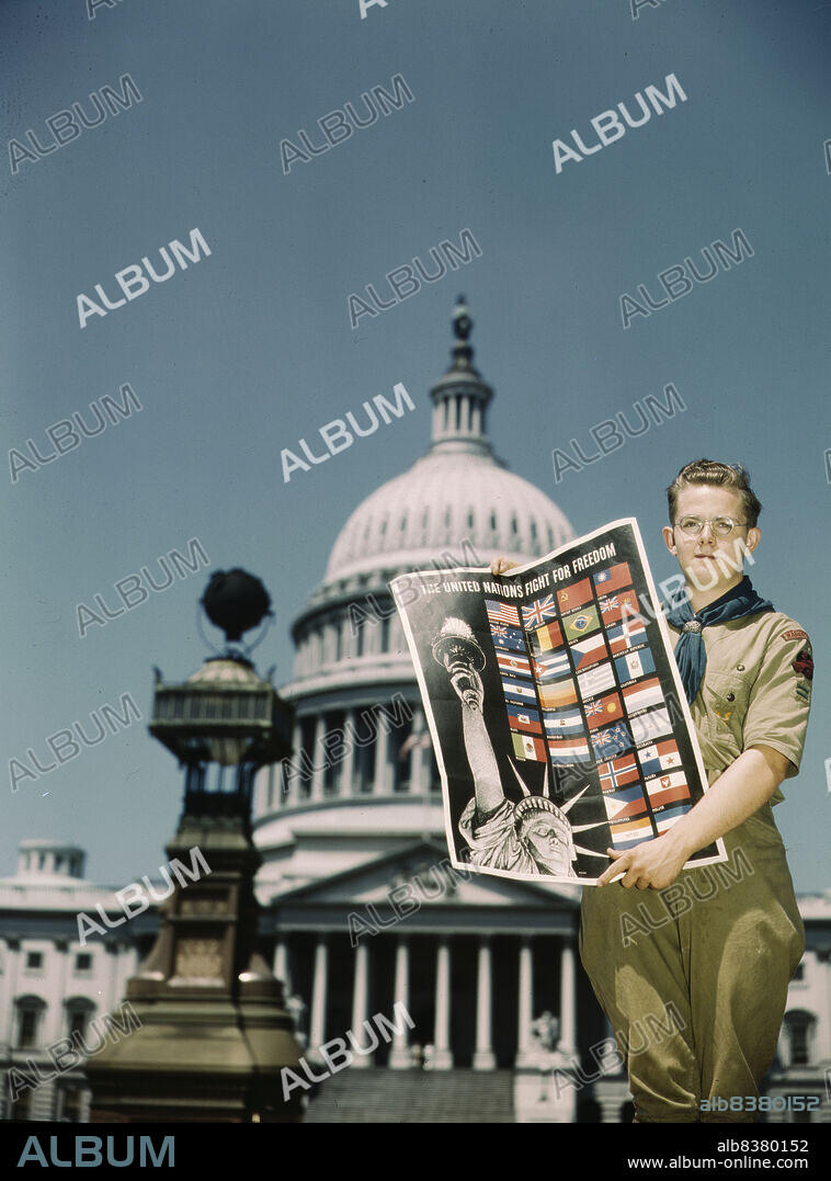 JOHN ROUS. United Nations Fight for Freedom: Boy Scout in front of Capitol. They help out by delivering posters to help the war effort.