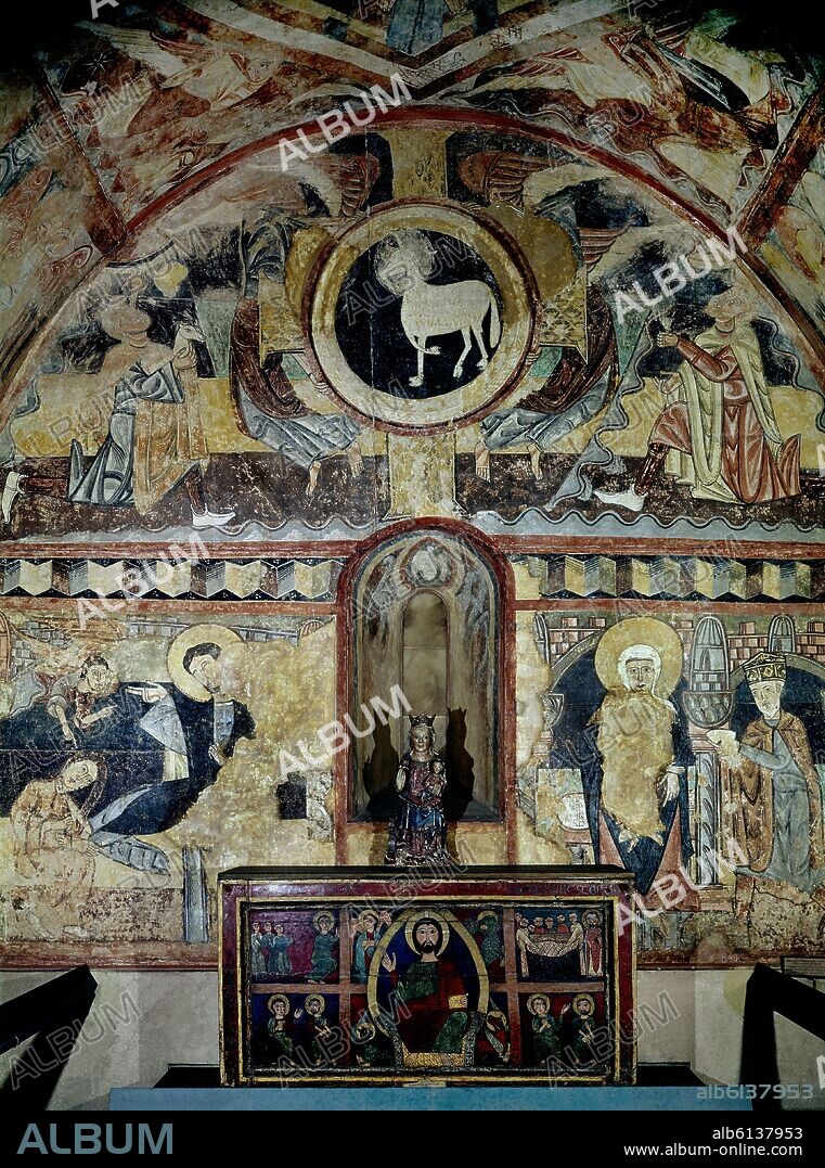 ANÓNIMO. PINTURA MURAL DE LA ERMITA DE LA VERA CRUZ DE MADERUELO - SIGLO XII - EN PRIMER TERMINO FRONTAL DE GUILS - ROMANICO ESPAÑOL.