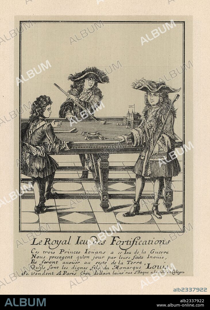The royal game of fortifications, 18th century. Louis XIV's three sons use cue sticks to hit balls through a fortress and onto a fortified structure. Lithograph from Henry Rene Allemagne's Sports and Games of Skill (Sports et Jeux d'Adresse), Librairie Hachette, Paris, 1903.