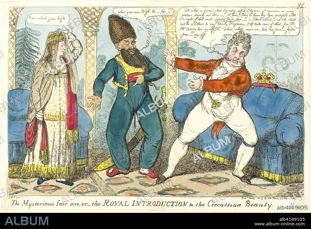 The Mysterious Fair One. Isaac Robert Cruikshank (English, 1789-1856); published by S.W. Fores (English, 1761-1838). Date: 1819. Dimensions: 215 × 320 mm (image); 228 × 335 mm (sheet, cut within plate mark). Hand-colored etching on paper. Origin: England.