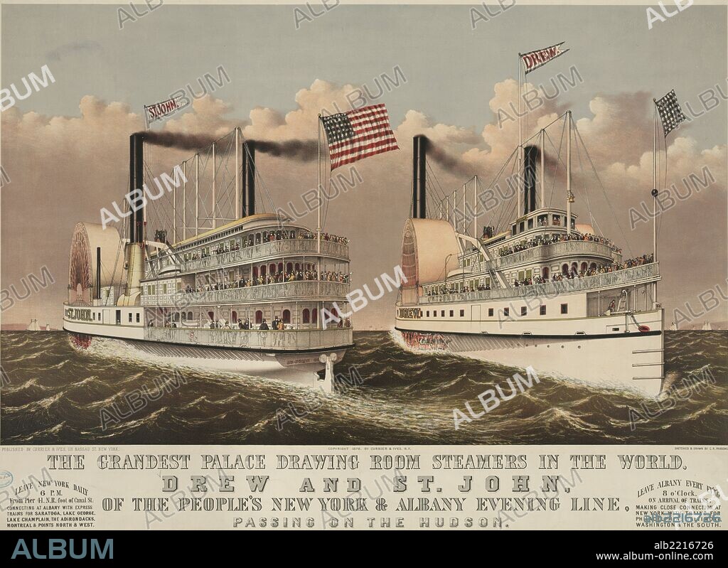 Grandest palace drawing room steamers in the world, Drew and St. John: of the people's New York & Albany evening line, passing on the Hudson.