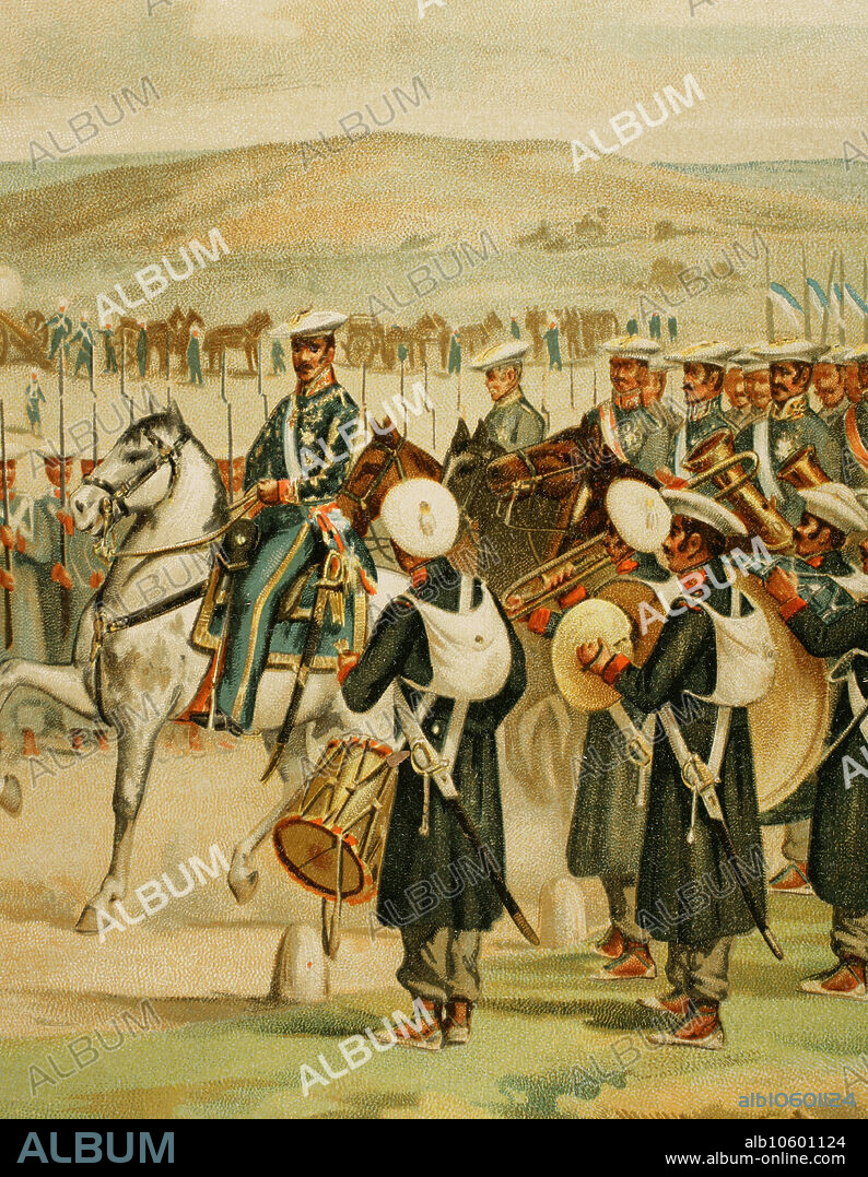 Carlos María Isidro de Borbón (1788-1855), llamado don Carlos. Infante de España, fue el primer pretendiente carlista al trono de España bajo el nombre de Carlos V. Primera Guerra Carlista (1833-1840). Don Carlos revistando sus tropas en Amurrio (Alava). La revista tuvo lugar el 1 de diciembre 1837, formando una división compuesta de trece batallones de quinientos soldados cada uno, a lo largo del camino real de Bilbao. Acompañaba a don Carlos el infante don Sebastián (1811-1875). Ilustración por J. Alaminos. Detalle. Cromolitografía. "Historia de la Guerra Civil y de los Partidos Liberal y Carlista". Tomo III. 1891.