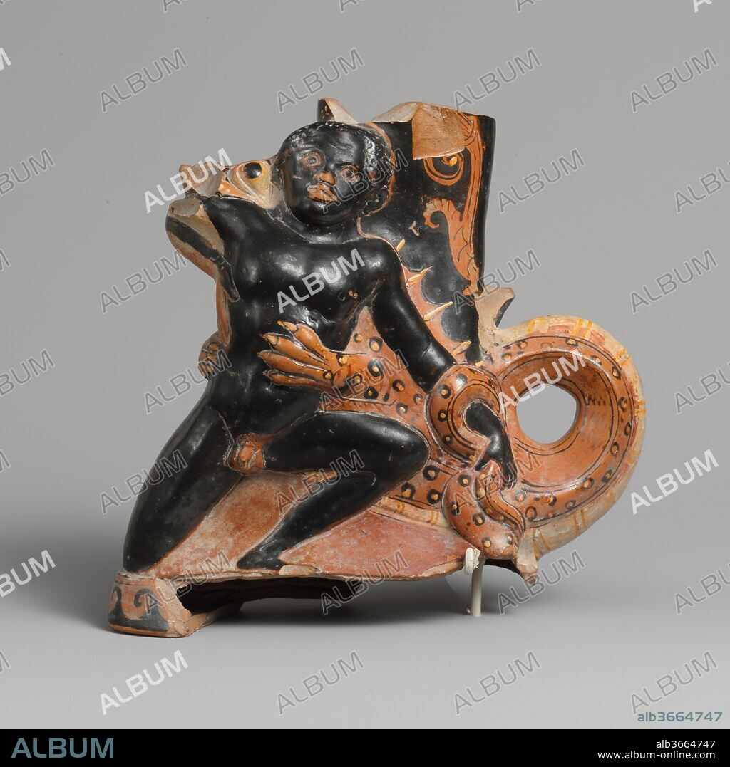 Terracotta rhyton (vase for libations or drinking). Culture: Greek, South Italian, Apulian. Dimensions: H. 6 1/8 in. (15.6 cm). Date: ca. 350-300 B.C..
Crocodile attacking a black youth
Rhyta in the form of a black youth and a crocodile are known from the workshop of the Athenian potter Sotades, and examples have been found in Italy. Such pieces inspired Apulian and especially Tarentine artists to create their own versions.