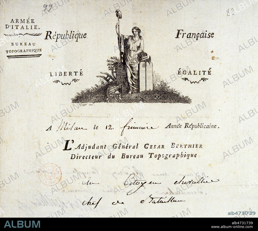 'Armee d'Italie, Milan- Vignette du papier a lettres du general Louis Cesar Gabriel BERTHIER (1765-1848) (XVIIIeme s., 18eme s., 18e s.) Credit Jean Vigne/KHARBINE-TAPABOR.