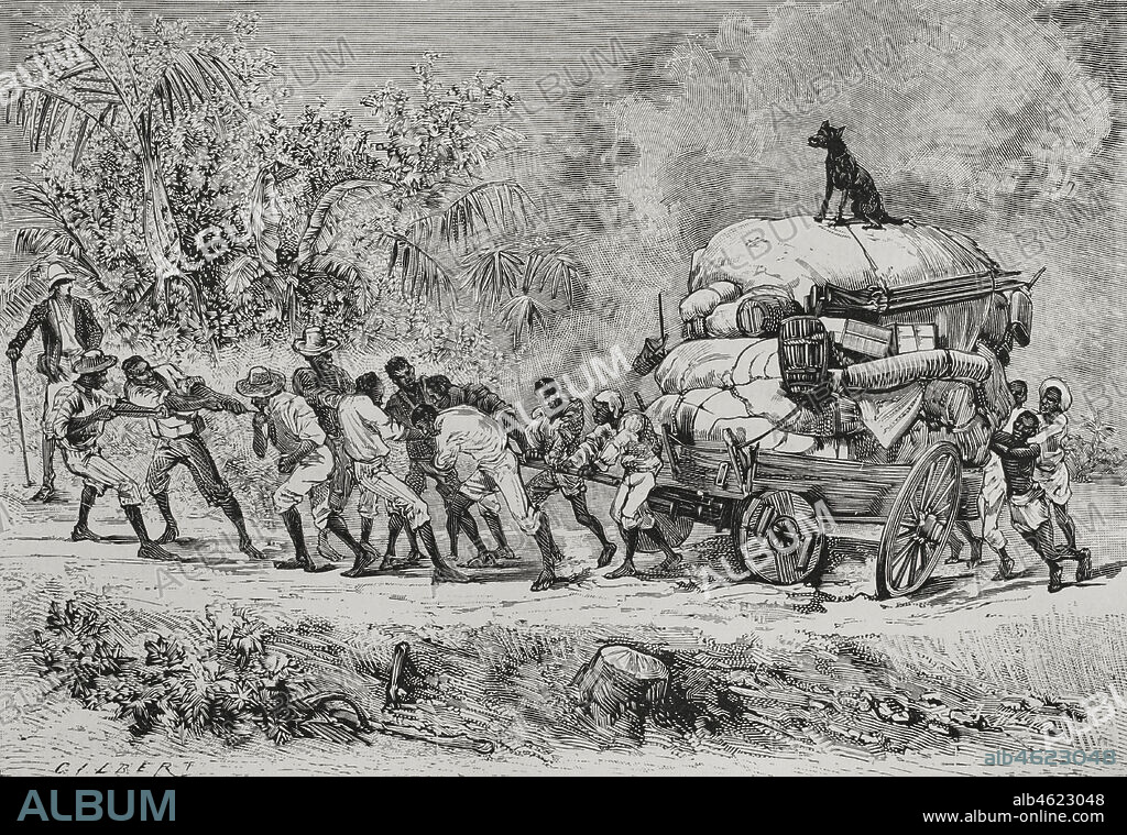 Historia de Africa. Siglo XIX. Transporte de mercancías por las carreteras del Congo. Grabado. El Congo y la Creación del Estado Independiente de este nombre. Historia de los Trabajos y Exploraciones Verificados, por Enrique M. Stanley. Editada en Barcelona, hacia 1890. España.