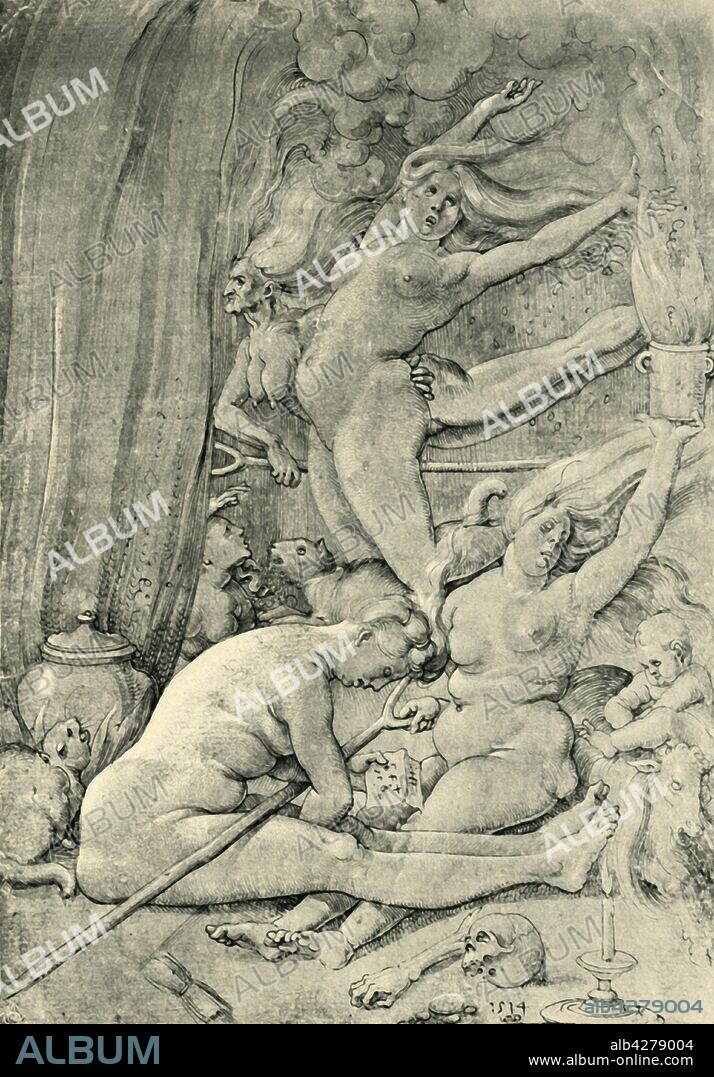 HANS BALDUNG GRIEN. Witches, 1514, (1943). There was strong interest in witchcraft in the German-speaking countries at the beginning of the sixteenth century. The "Malleus Maleficarum" (Hammer of Witches) was published in 1487. Drawing in the Albertina Museum, Vienna. From "Europäische Handzeichnungen", (Five Hundred Years of European Drawings), by Bernhard Degenhart. [Atlantis-Verlag Berlin, Zürich, 1943].