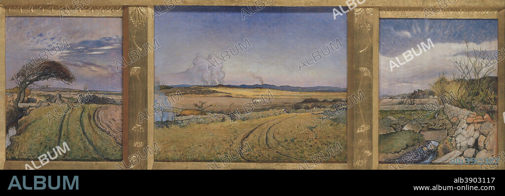 NILS KREUGER. Vår i Halland. Tre landskap i en ram, skulpterad av konstnären Spring in Halland. Three Paintings in a Frame Sculpted by the Artist. Date/Period: 1894. Painting. Oil on panel. Height: 770 mm (30.31 in); Width: 1,590 mm (62.59 in).