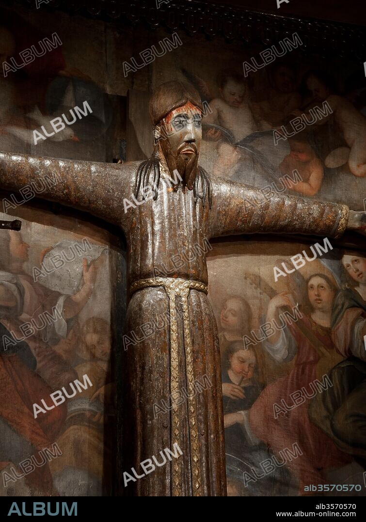 "Majestad de Beget" (detalle), Siglo XII, Escultura (Madera de nogal policromada), 207 x 196 cm, Iglesia de San Cristóbal de Beget.