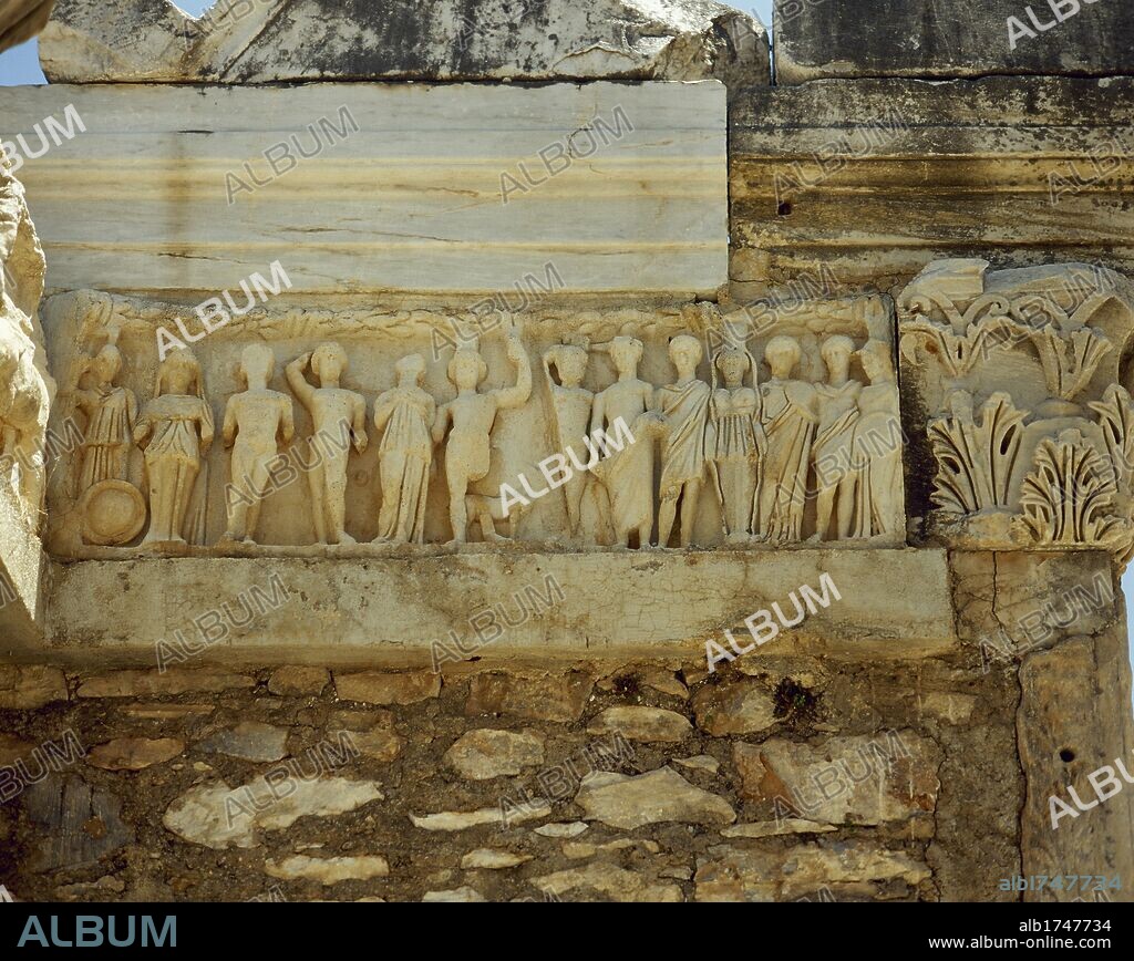 Turkey. Ancient city of Ephesus. Temple of Hadrian. Frieze. Portrait of Roma, Selene, Hermes, Apollo, Artemis, Androclus and his dog, Heracles, Dionysus, the emperor Theodosius, Hecate, Aphrodite, Ares ?, Athena. 4th century AD. (Replica). The original frieze is in the Ephesus Museum, Selc_uk.