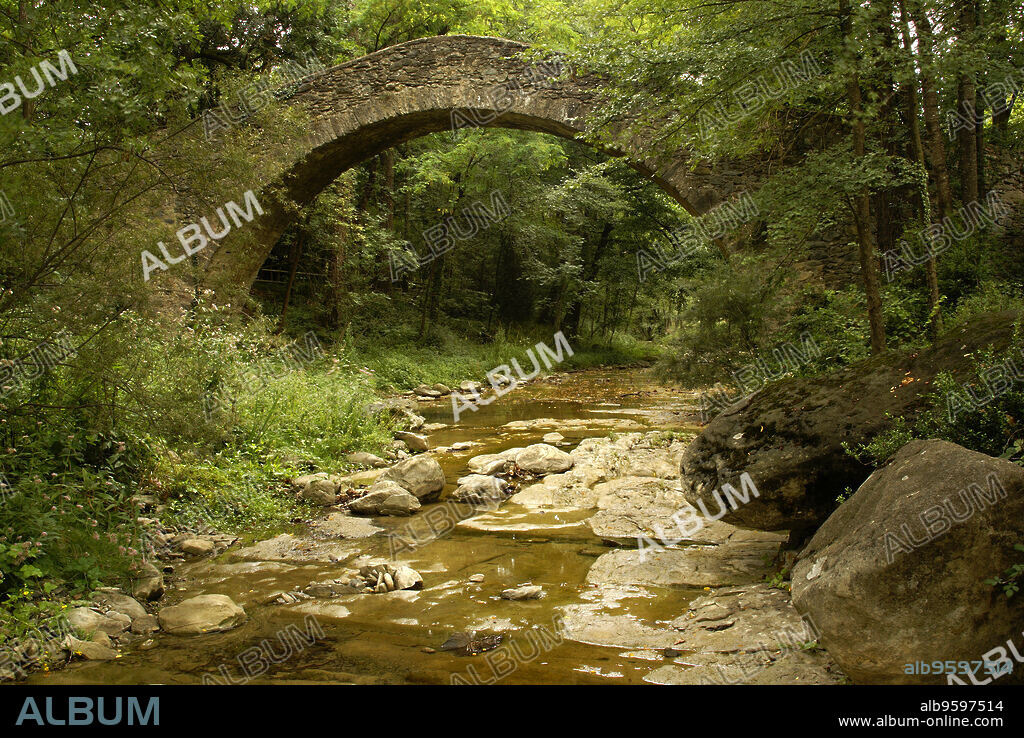 Pont de la Riera sobre el rio Ges(s.XV).Sant Pere de Torelló. Garrotxa.Catalunya. España.