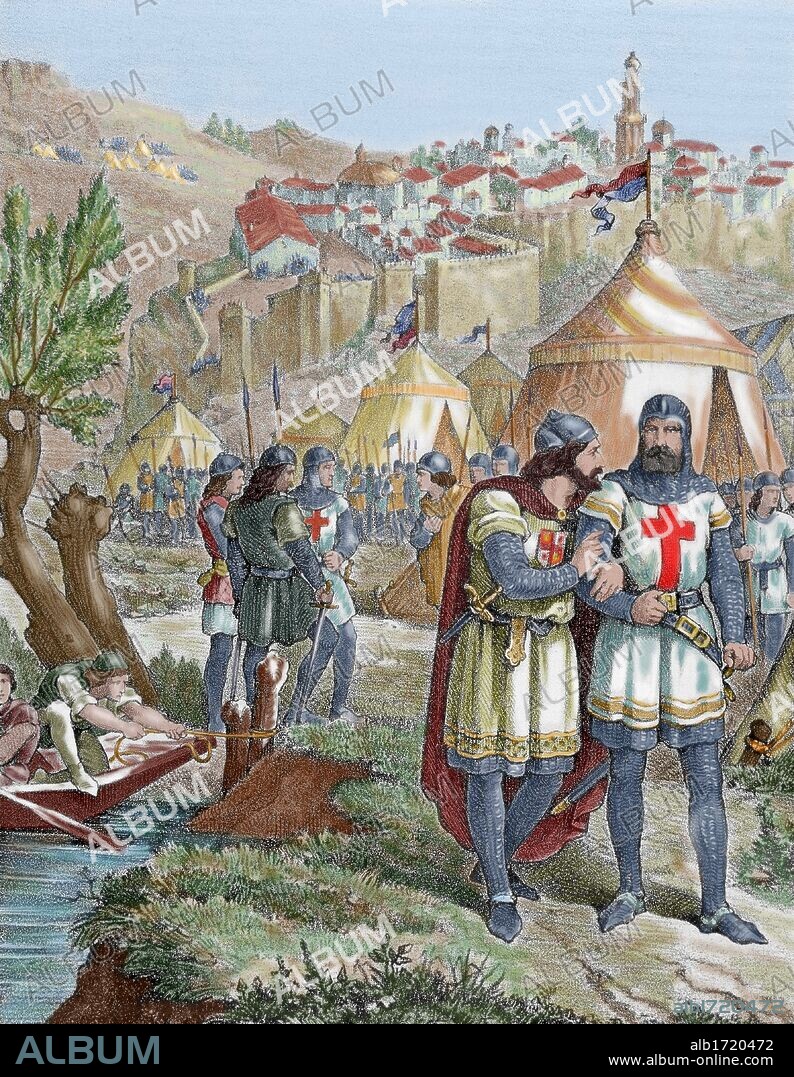 ALFONSO II DE ARAGON Y I DE CATALUÑA, "EL CASTO" (1154-1196). Rey de la Corona de Aragón (1162-1196). Hijo de Ramón Berenguer IV y Petronila. ALFONSO VIII, llamado "EL DE LAS NAVAS" (Soria,1155-Gutierremuñoz,1214). Rey de Castilla (1158-1214). Hijo de Sancho III y Blanco de Navarra. "TOMA DE CUENCA" el 21 de septiembre de 1177. Grabado coloreado del siglo XIX.