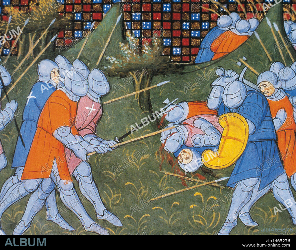 The Hundred Years' War. Conflicts waged from 1337 to 1453 between the Kingdom of England and the Kingdom of France to control the French throne. Bertrand du Guesclin (1320-1380) fighting with the British. Miniature. Chantilly Castle. 14th century.