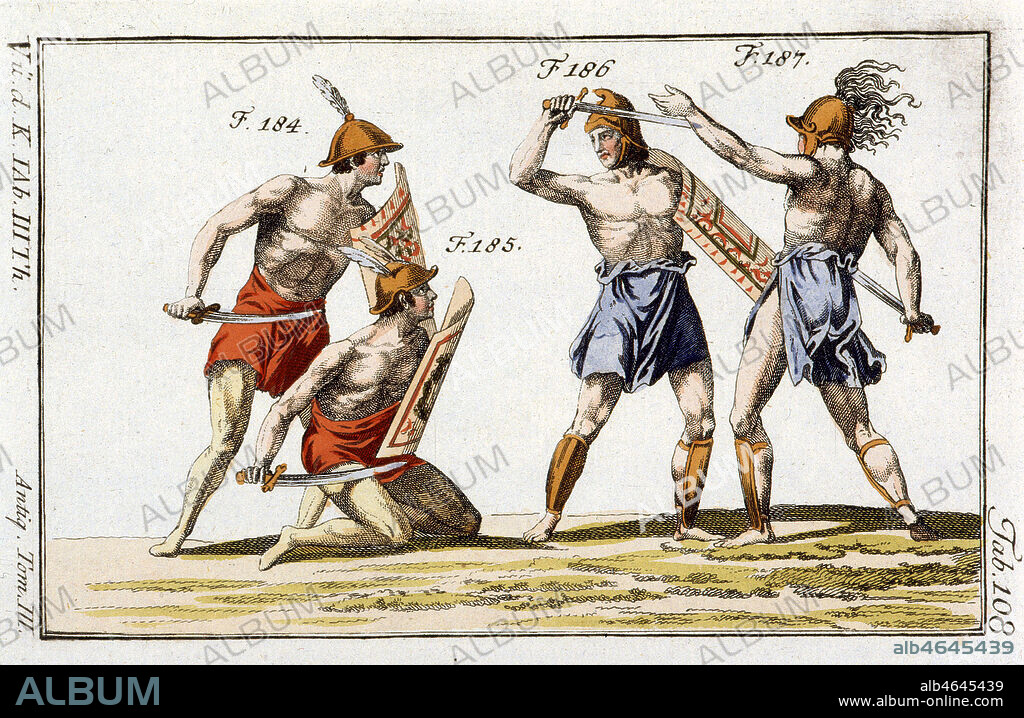 Costumes des gladiateurs Samnites (peuple d'Italie centrale domine apr les romains au 3eme s. av JC.). Illustration tiree de l'ouvrage 'Tableau historique des costumes, des moeurs et des usages des principaux peuples' par Robert SPALLART, en 1810. Credit : Collection Grob/KHARBINE-TAPABOR.