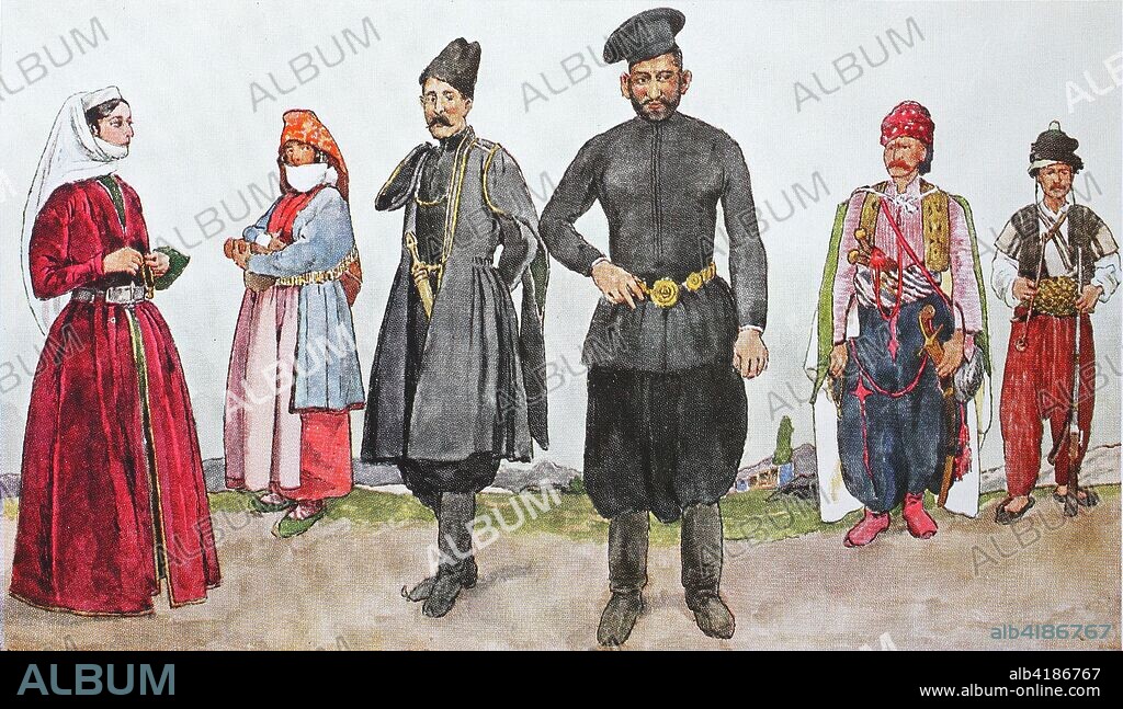Fashion, costumes, clothes in the Caucasus and Armenia, from left, distinguished Armenian from Julfa, an Armenian peasant woman from Shusha, an Armenian in old national costume from Shusha, an Armenian innkeeper from the area of Tbilisi, a Kurdish chief from the area of Yerevan and a Kurdish man from the Nestorian mountains, digital improved reproduction from an original from the year 1900.