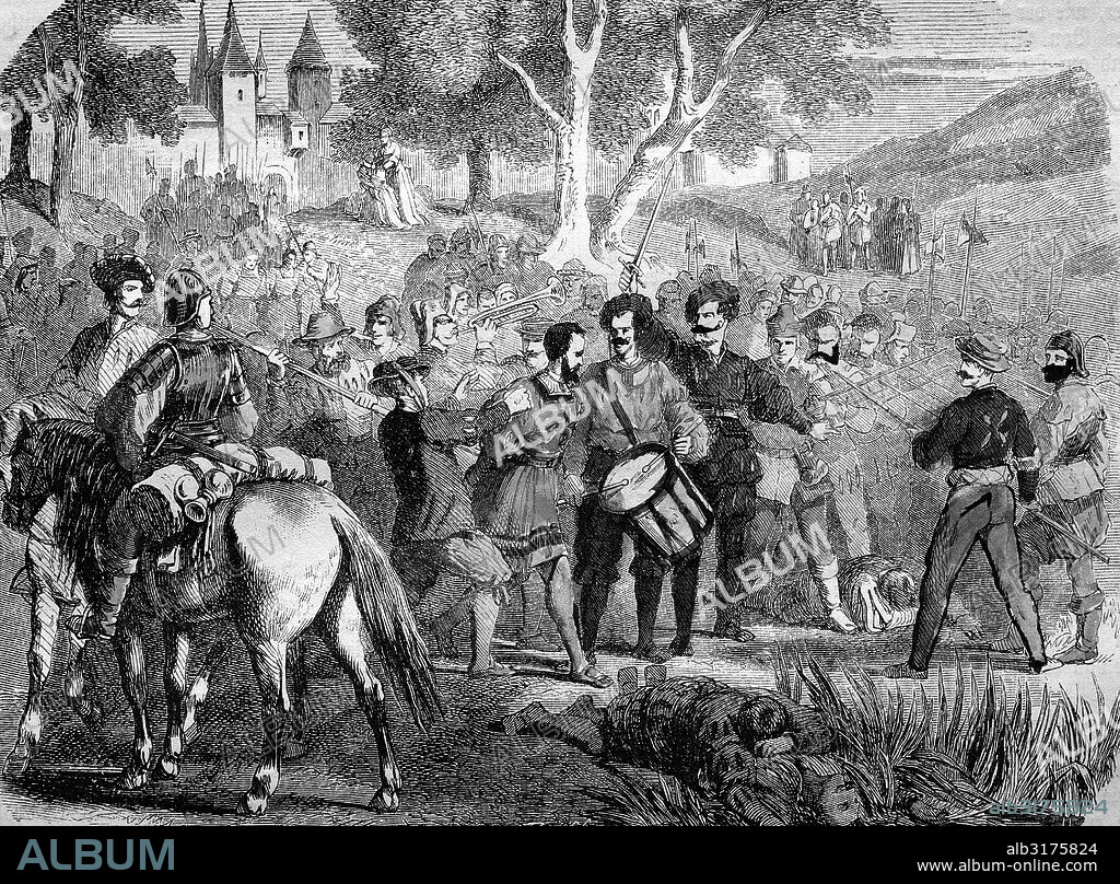 Running the gauntlet, a military corporal punishment, which was imposed on ordinary soldiers into the 19th century, historical wood engraving, circa 1888.