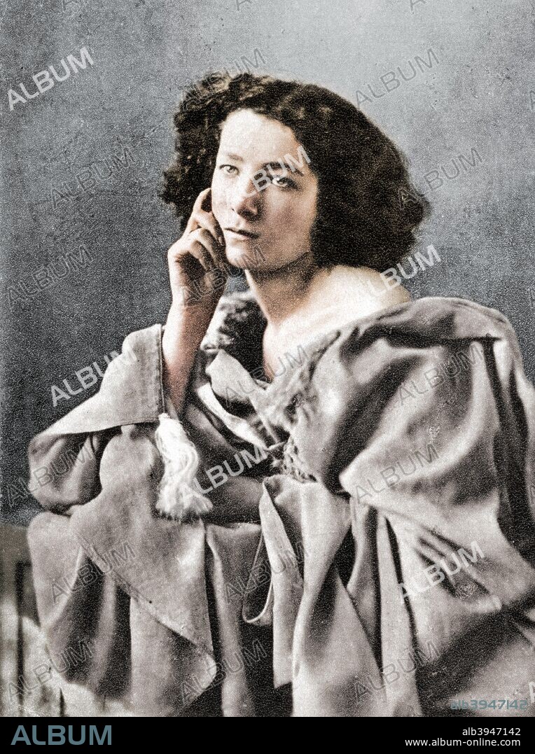 Sarah Bernhardt, French actress, 1869. Sarah Bernhardt (1844-1923) was probably the most famous stage actress of the 19th century. A photograph from Album de Photographies, Dans L'Intimite de Personnages Illustres, 1860-1920, Editions MD, 22 Rue de L'Arcade, Paris 8, 1860-1920. (Colorised black and white print).