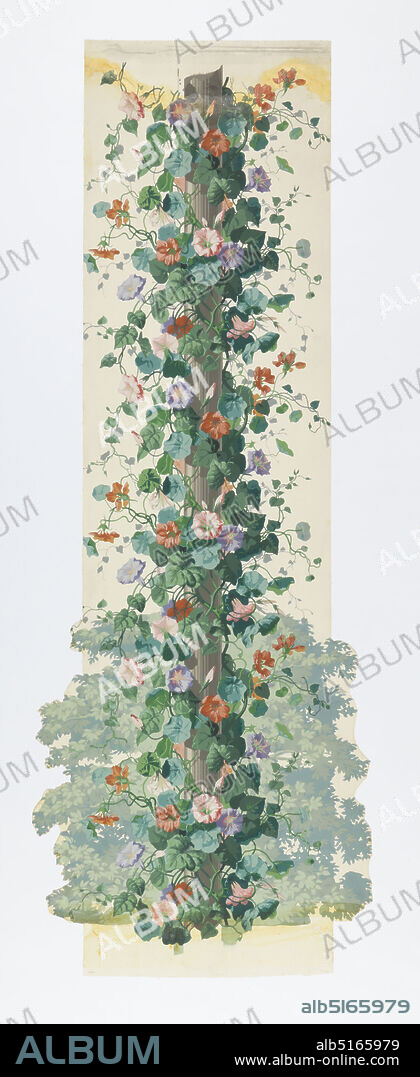 Jardin d'Hiver, Edouard Müller, French, 1823 - 1876, Jules Desfossé, French, active 1851 - 1863, Block-printed paper, Fluted column shaft around which cluster a profusion of morning glory vines, blossoms and tendrils. A cluster of leafy branches, bottom, background. Many colors on white ground., Paris, France, 1853, Wallcoverings, Decorative panel, Decorative panel.