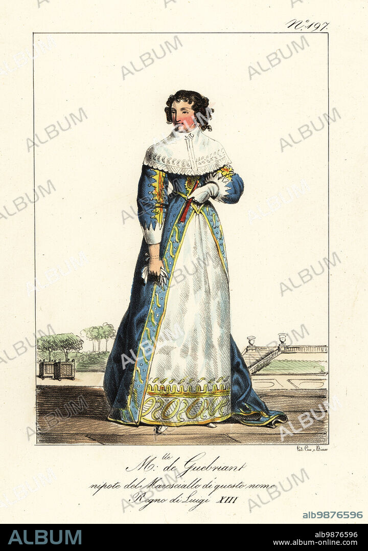 Anne Budes, Mademoiselle de Guebriant, maid of honour to Queen Anne of Austria, niece of the Countess de Gebriand, Renee Crespin du Bec. In white capelet, gold embroidered gown, with Egyptian damask skirts. Mademoiselle de Guebriant, Regne de Louis XIII. Handcoloured lithograph by Lorenzo Bianchi and Domenico Cuciniello after Hippolyte Lecomte from Costumi civili e militari della monarchia francese dal 1200 al 1820, Naples, 1825. Italian edition of Lecomtes Civilian and military costumes of the French monarchy from 1200 to 1820.
