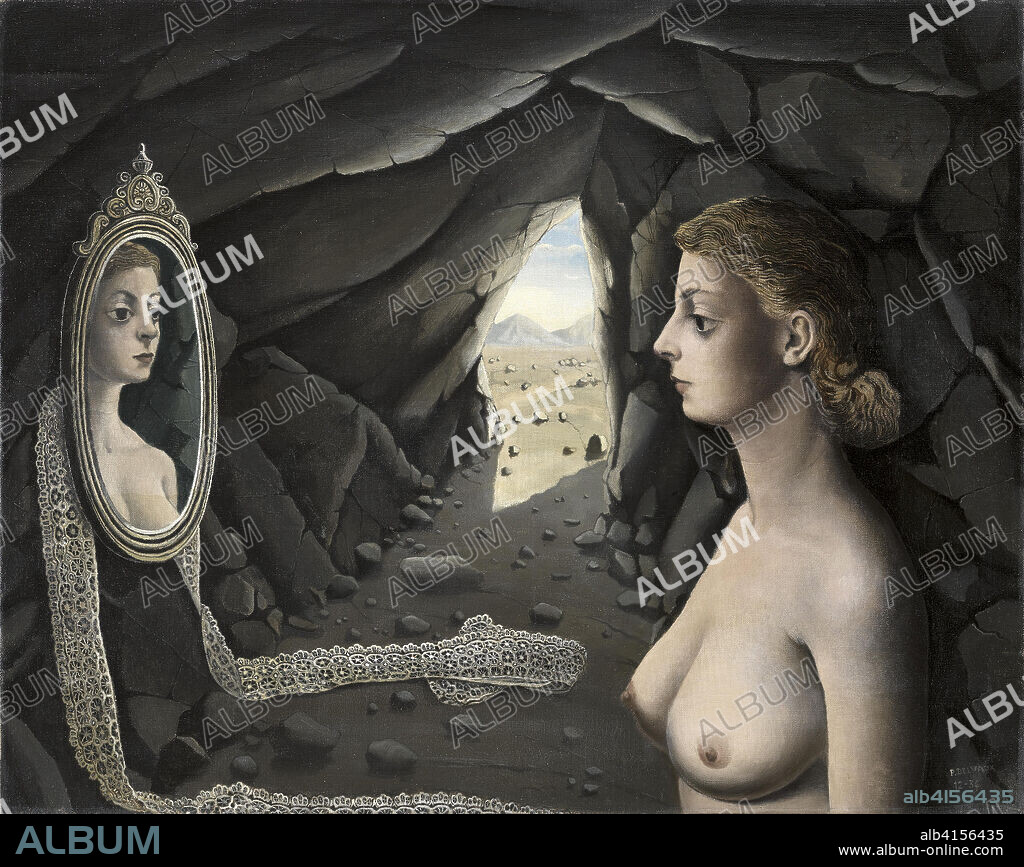 Paul Delvaux (Antheit, 1897-Furnes, 1994). Mujer ante el espejo (1936). Óleo sobre lienzo. 71 x 91,5 cm.