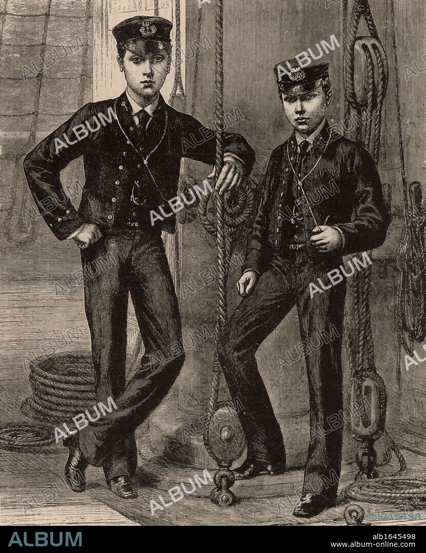 Prince Albert Victor, Duke of Clarence (1864-1892) and his younger brother Prince George of Wales (1865-1936) as George V king of Great Britain from 1910,  during their time as naval cadets or Midshipmen (1877-1882) on board the training ship 'Britannia'. Wood engraving. (Photo by: Universal History Archive/UIG via Getty Images).