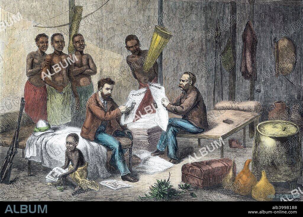 Livingstone and Stanley receiving newspapers in Central Africa, 1871-1873. Scottish missionary and explorer David Livingstone (1813-1873) was the first European to discover the Victoria Falls on the Zambezi river in central Africa. While searching for the source of the Nile in the late 1860s he became seriously ill and went missing. He was found by Henry Morton Stanley (1841-1904) in 1871 and Stanley joined him in exploring the area. Livingstone never fully recovered from his illness and died in Bangwelulu, Zambia.