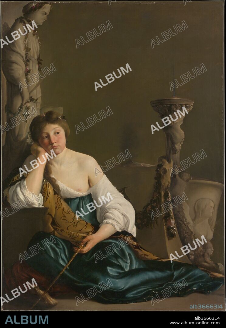 The Disillusioned Medea ("The Enchantress"). Artist: Paulus Bor (Dutch, Amersfoort ca. 1601-1669 Amersfoort). Dimensions: 61 1/4 x 44 1/4 in. (155.6 x 112.4 cm). Date: ca. 1640.
The moody Medea of Greek mythology, with her magic wand, slumps at the altar in a Temple of Diana. A similar work by Bor in the Rijksmuseum, Amsterdam, depicts the obscure Cydippe and is probably this picture's pendant. In his <i>Heroides</i> the Roman poet Ovid (43 B.C.-A.D. 17/18) tells the tales of Medea jilted by Jason, and of Cydippe and Acontius finding true love. Most likely a patron, proud of his classical learning, commissioned the artist to treat what is essentially the popular Dutch theme of good and bad marriages.
