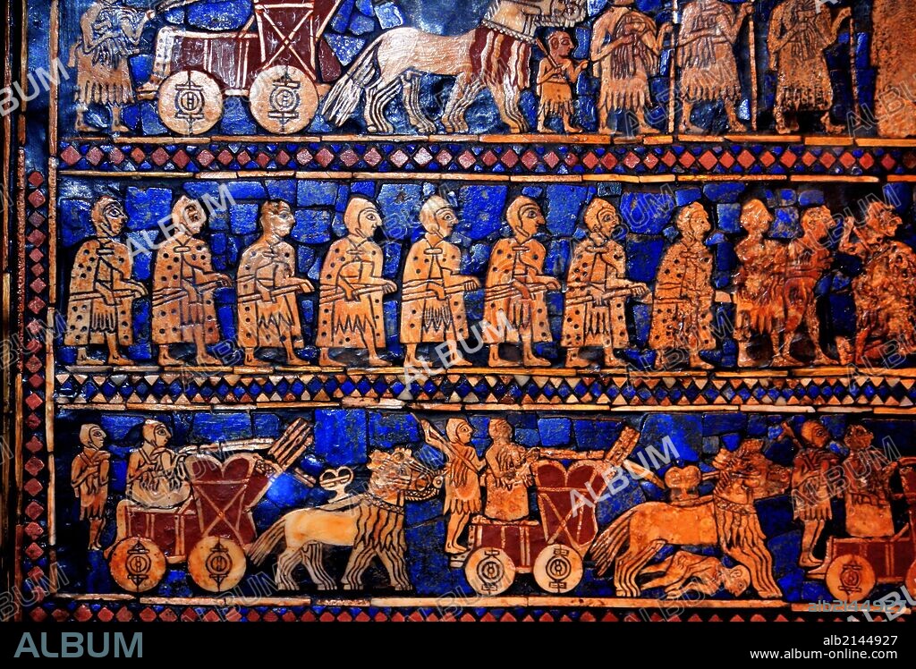 From the Standard of Ur (Peace side). Sumerian artefact (circa 2600 BC) excavated from the royal tomb in the city of Ur in the 1920's. South of what is now Baghdad in Iraq. It is an historical account of ancient warfare, and shows a king, subjects, musicians, soldiers and animals. (Photo by: Universal History Archive/UIG via Getty Images).