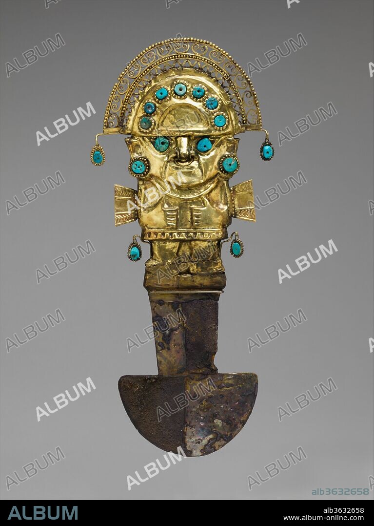 Ceremonial Knife (Tumi). Culture: Lambayeque (Sicán). Dimensions: H. 14 1/4 × W. 6 1/4 × D. 1 5/8 in. (36.2 × 15.9 × 4.1 cm). Date: A.D. 900-1100.
Around A.D. 1000, high-status tombs were constructed at Batán Grande, a site now called the Sicán Archaeological Precinct, where a single burial could include as many as five masks: one attached to the head and the others stacked at the feet. The shape of the eyes is characteristic of the Sicán deity, also shown atop the ceremonial knife (tumi). 

Alrededor del año 1000 d. C. se construyeron tumbas para personajes de alto rango en Batán Grande, un sitio hoy llamado Complejo Arqueológico de Sicán. Allí eran sepultados, junto con diversos objetos de gran valor, los nobles de la sociedad Lambayeque, en monumentales plataformas de adobe. La forma de los ojos es característica de la deidad de Sicán, también representada en la parte superior del cuchillo ceremonial (tumi).