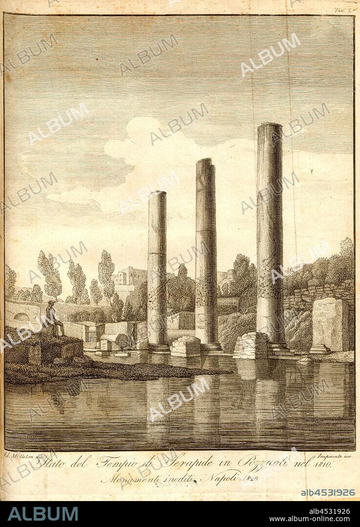 State of the Temple of Serapis in Pozzuoli in 1810, Macellum of Pozzuoli, ruins of a Roman market, signed: I. I. Midleton dis, Imparato inc, Fig. 3, after p. 68, Middleton, John Izard (dis.), 1820, Andrea de Jorio: Ricerche sul tempio di Serapide in Pozzuoli. Napoli: nella stamperia della società filomatica, 1820.
