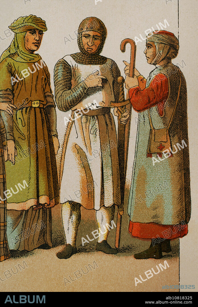 Historia de Francia, 1100. De izquierda a derecha: dama noble, guerrero y peregrino. Cromolitografía. "Historia Universal", por César Cantú. Tomo V, 1884.