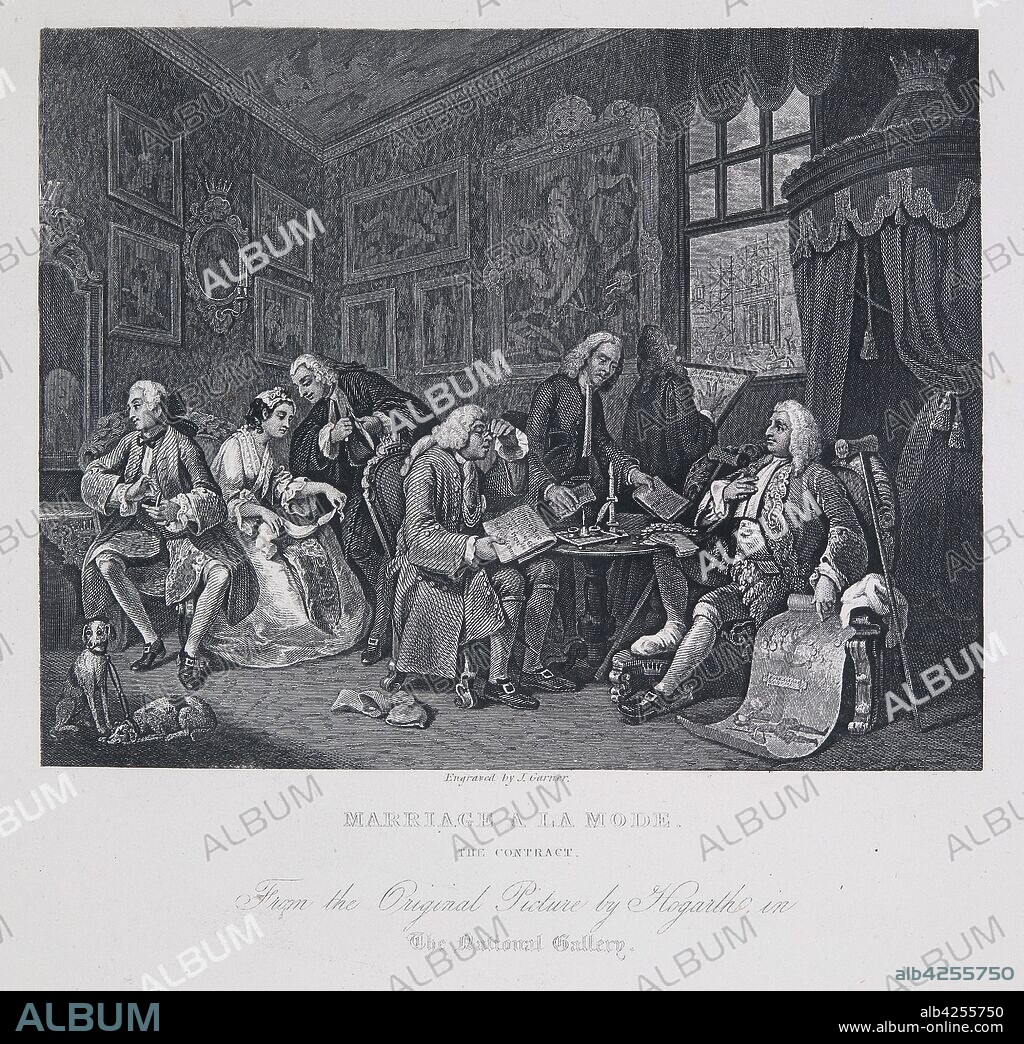 Marriage a la Mode: The Contract, 1743-1745. One of six pictures by William Hogarth depicting upper class 18th century society. A moralistic warning of the disastrous results of ill-considered marriage for money.