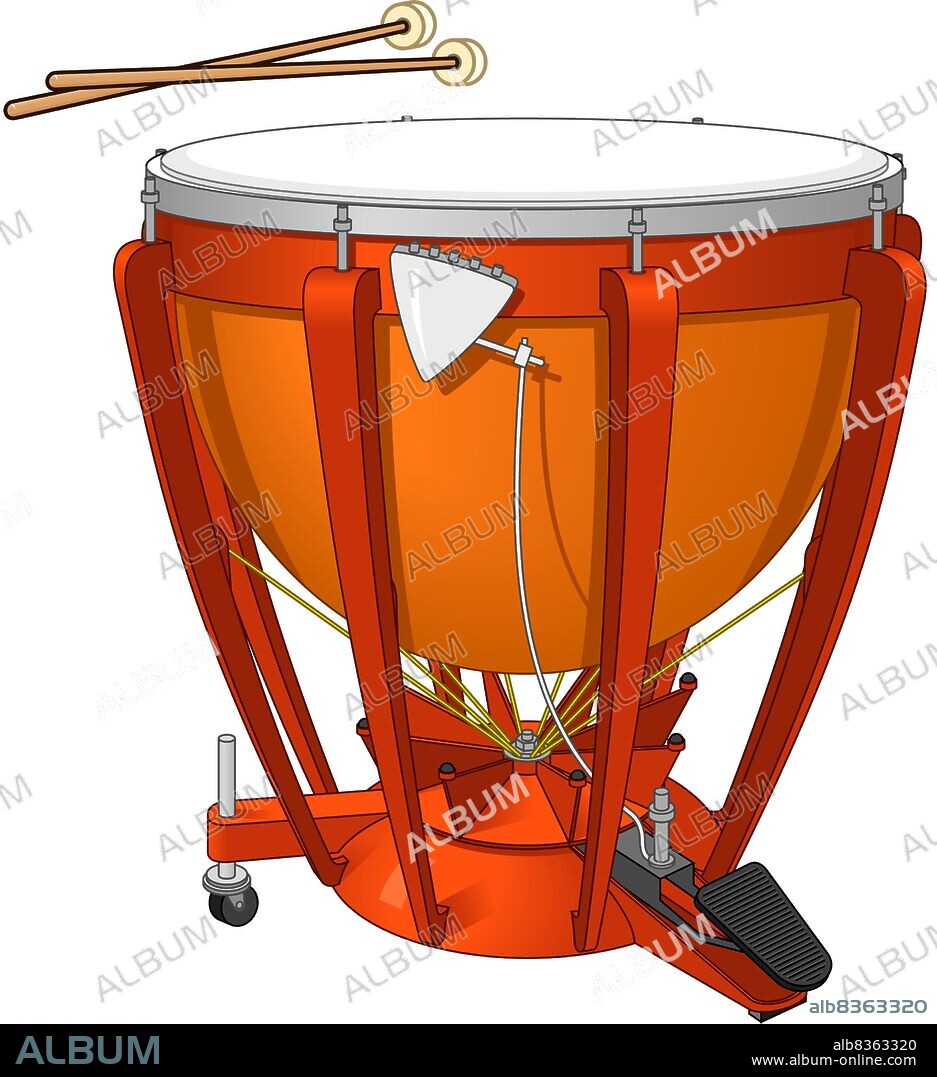 Timpani, or kettledrum, and drumsticks.