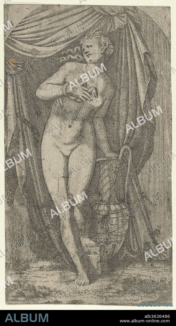 AFTER AGOSTINO VENEZIANO (AGOSTINO DEI MUSI), LEON DAVENT and AFTER BACCIO BANDINELLI. Cleopatra Bitten by an Asp. Artist: Léon Davent (French, active 1540-56); After Agostino Veneziano (Agostino dei Musi) (Italian, Venice ca. 1490-after 1536 Rome); After Baccio Bandinelli (Italian, Gaiole in Chianti 1493-1560 Florence). Dimensions: Sheet (trimmed): 11 9/16 × 6 7/16 in. (29.4 × 16.3 cm). Date: 1540-56.