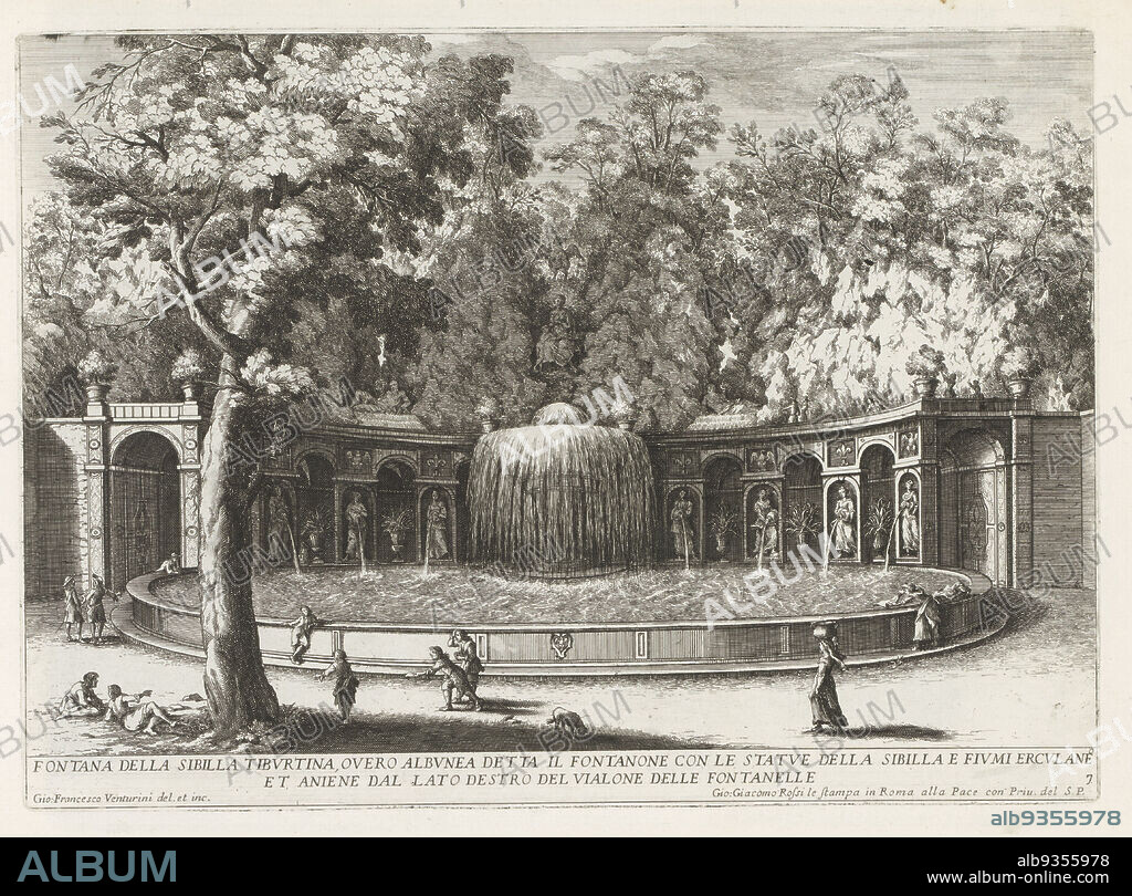 Fontana dell'Ovato in the gardens of the Villa d'Este at Tivoli, Fontana della Sibilla Tiburtina overo albunea detta il fontanone con le statue (...) (title on object), Le fontane del giardino Estense in Tivoli (series title), Fountains in the gardens of Villa d'Este at Tivoli (series title), Fountain with an oval-shaped basin. Above the fountain a sculpture of the Tiburtine Sibyl. Numbered lower right: 7. The print is part of an album., print maker: Giovanni Francesco Venturini (mentioned on object), Giovanni Francesco Venturini (mentioned on object), print maker: Italy, Italy, publisher: Rome, Vaticaanstad, 1653 - 1691, paper, etching, height 247 mm × width 344 mm.