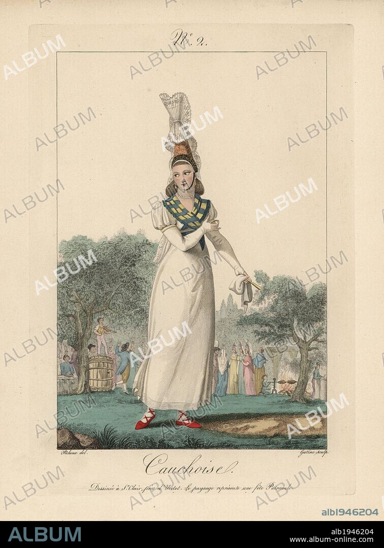Woman of Caux in white dress, tall bonnet with lace tails. All the elegant women of St. Clair are assembled for a harvest festival in an apple orchard. Hand-colored fashion plate illustration by Benoit Pecheux engraved by Gatine from Louis-Marie Lante's "Costumes des femmes du Pays de Caux," 1827/1885. With their tall Alsation lace hats, the women of Caux and Normandy were famous for the elegance and style.