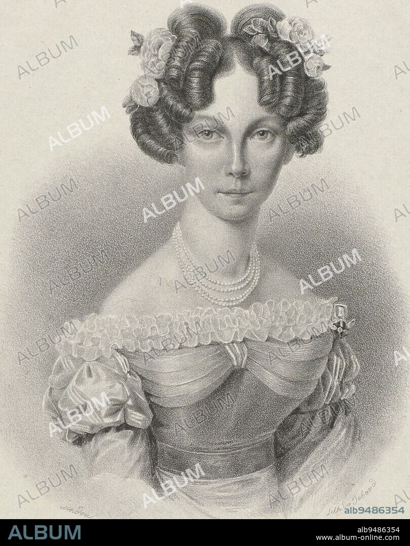 Portrait of Louise of Prussia, print maker: Jean Baptiste Madou, (mentioned on object), printer: Jean Baptiste Ambroise Marcellin Jobard, (mentioned on object), Brussels, 1825 - 1861, paper, h 318 mm × w 240 mm.