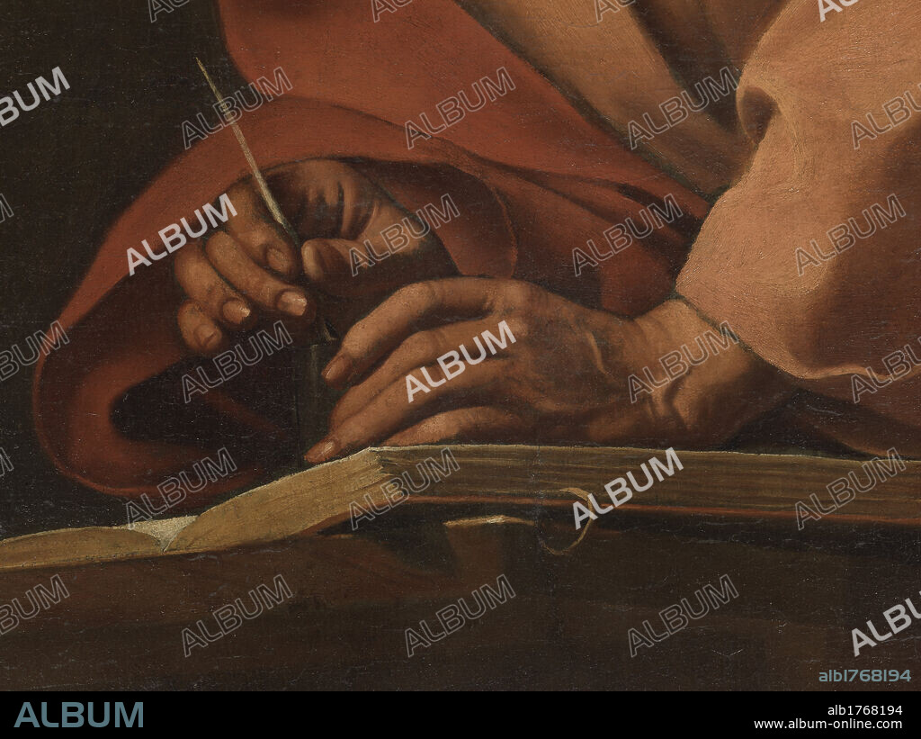 St. Matthew and the Angel, by Michelangelo Merisi known as Caravaggio, 1602, 17th Century, oil on canvas, cm 295 x 195. Italy, Lazio, Rome, San Luigi dei Francesi Church, Contarelli Chapel. Detail. Hands Saint evangelist St Matthew book quill., photographic campaign 2009.