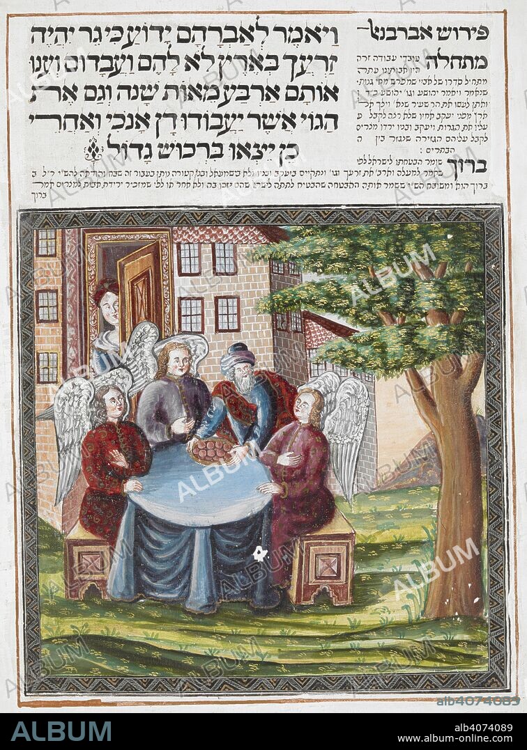 JOSEPH BEN DAVID OF LEIPNIK and (SCRIBE). Abraham's hospitality to the angels. Leipnik Haggadah. Altona, 1740. Source: Sloane 3173, f.8v. Language: Hebrew.