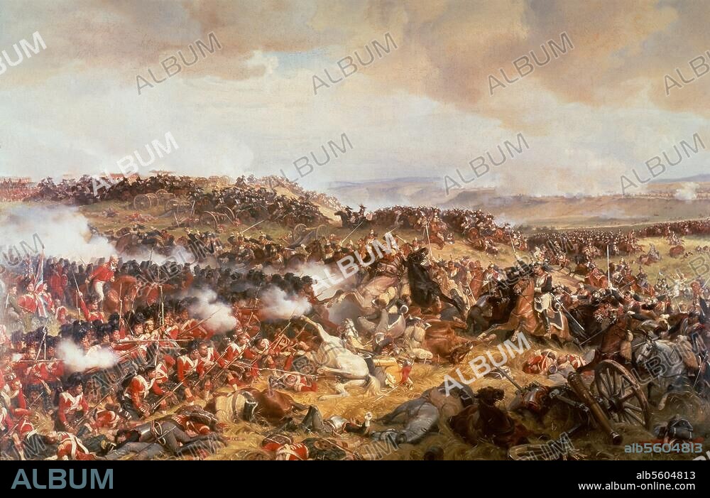 Befreiungskriege 1813-15. Schlacht bei Waterloo (Belle-Alliance). am 18. Juni 1815. (Die verbündeten preußischen und englischen Truppen besiegen Napoleon I.). "Die Schlacht von Waterloo". Gemälde, 1874, von Felix Philippoteaux. (1815-84). London, Victoria and Albert Museum.