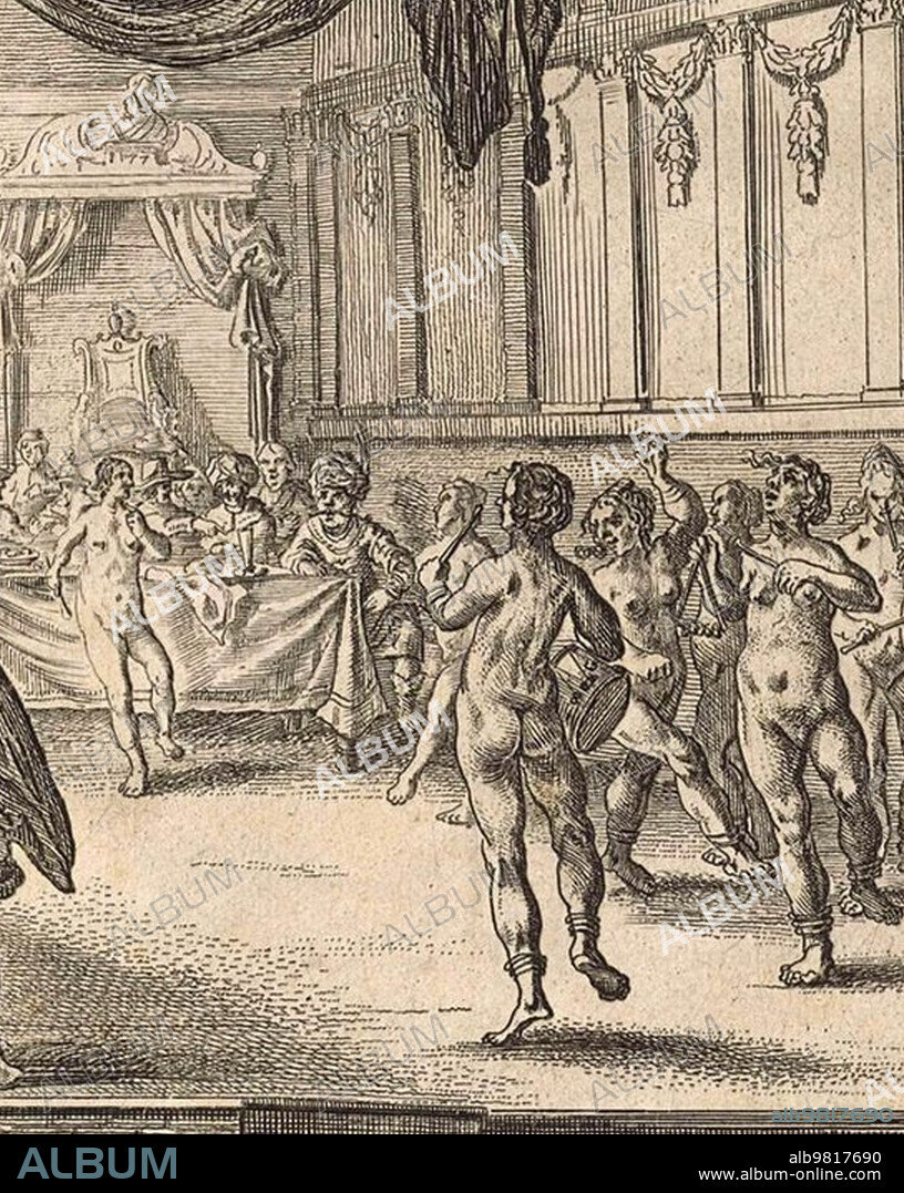 Slave girls dancing naked and playing music in front of being executed, 1610, Historic, digitally restored reproduction from a 19th century original
