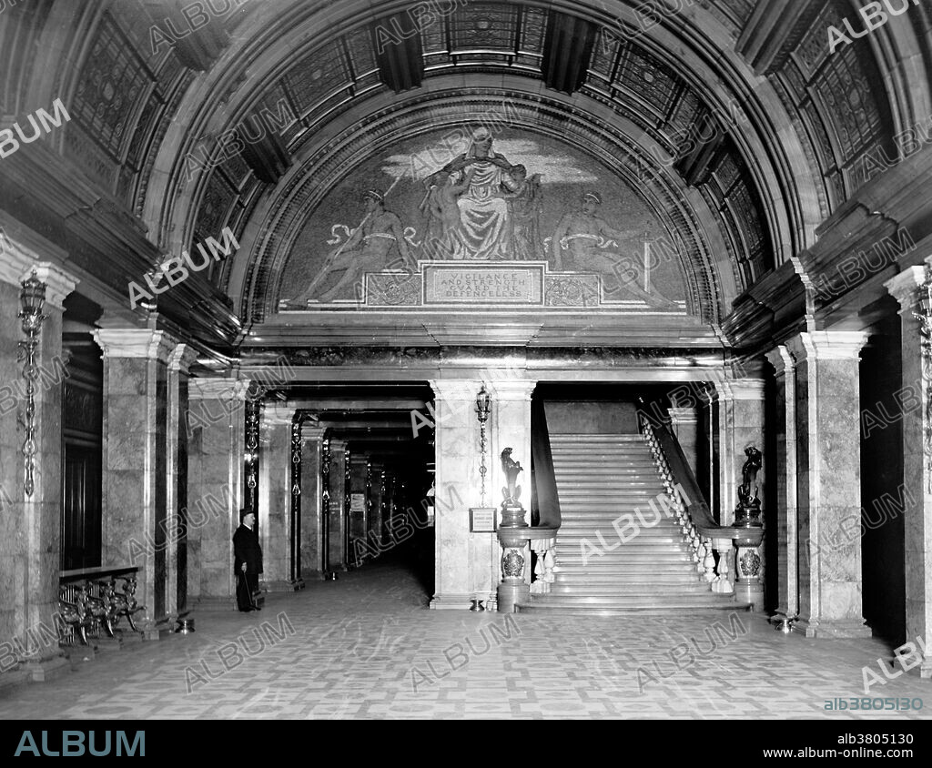 The Equitable Life Assurance Building was the headquarters of The Equitable Life Assurance Society of the United States. Construction was completed on May 1, 1870 at 120 Broadway in New York City and under the leadership of Henry Baldwin Hyde was the first office building to feature passenger elevators. At a then record 130 feet, it is considered by some the world's first skyscraper. The building, described as fireproof, was destroyed by a massive fire on January 9, 1912. Extremely cold weather caused the water from the fire trucks to freeze on the building. Six people died. Photographed by the Detroit Publishing Company, 1900.