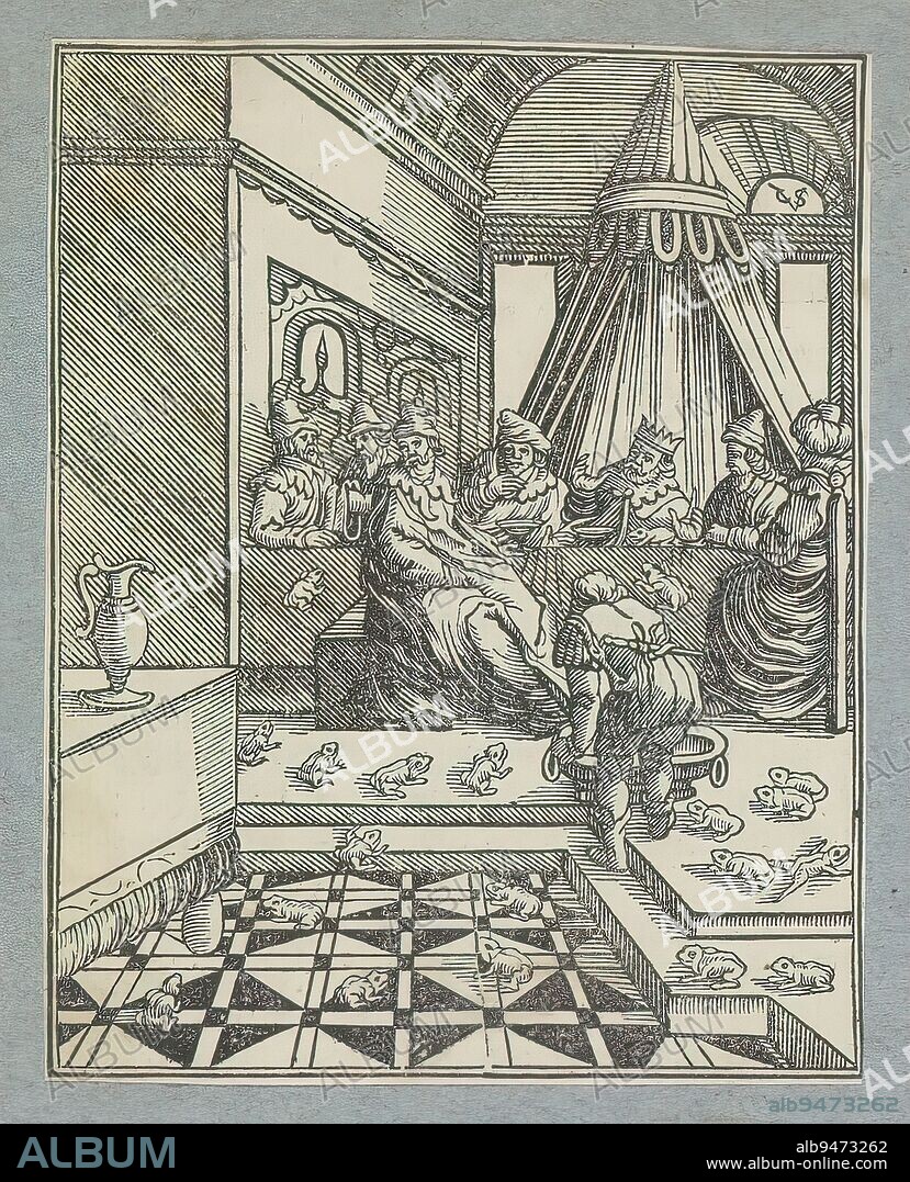 Plague of the Frogs, The second plague God sent upon Egypt: a plague of frogs. A group of people at table, including Pharaoh, with frogs all around them. The print is part of an album., print maker: Christoffel van Sichem (II), (mentioned on object), print maker: Christoffel van Sichem (III), (mentioned on object), publisher: Pieter Jacobsz. Paets, Amsterdam, 1645 - 1646, paper, letterpress printing, height 109 mm × width 85 mm.