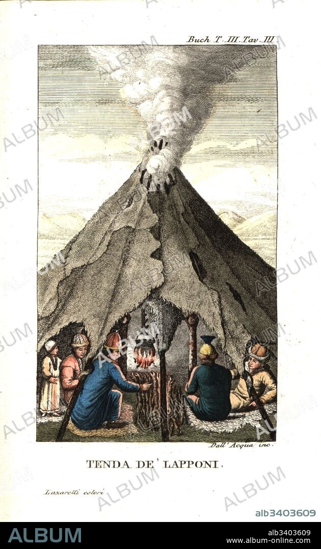 Sami people or Lapplanders in a tent made of sail and stakes. Seats made of soft reindeer skins and woollen covers. Illustration from Leopold von Buch’s Travels Through Norway and Lapland, 1813. Copperplate engraving by Dell'Acqua handcoloured by Lazaretti from Giovanni Battista Sonzogno’s Collection of the Most Interesting Voyages (Raccolta de Viaggi Piu Interessanti), Milan, 1815-1817.