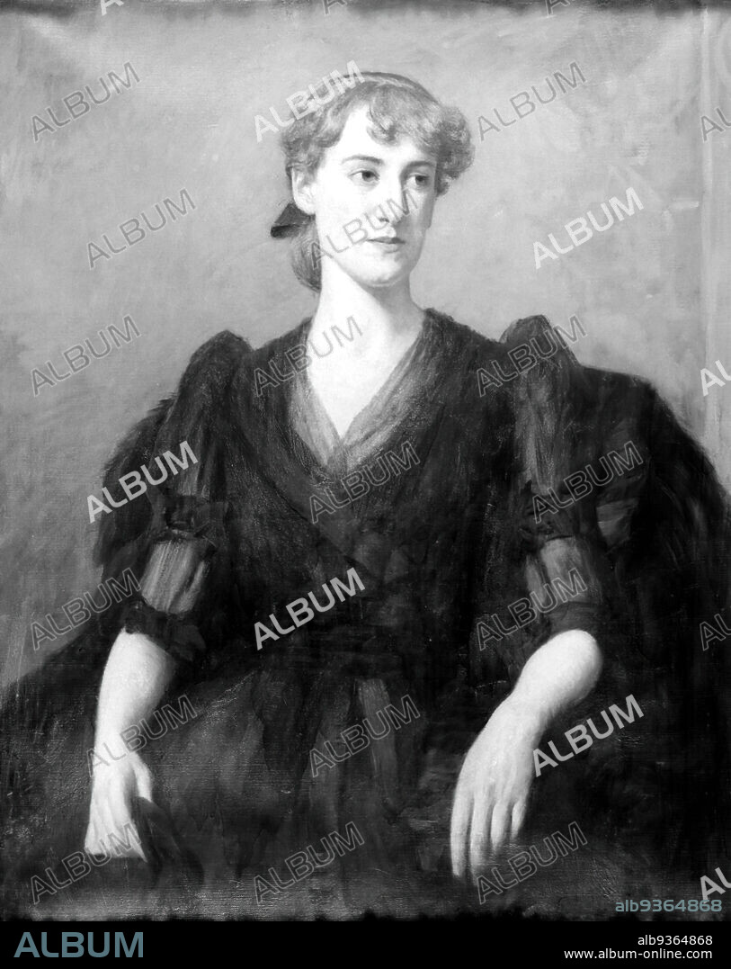 Portrait of Edwina M. Post, Benjamin Rutherford Fitz, American, 1855-1891, Oil on canvas, ca. 1890, 35 13/16 x 29 in., 91 x 73.6 cm, bow, painting, seated, woman.