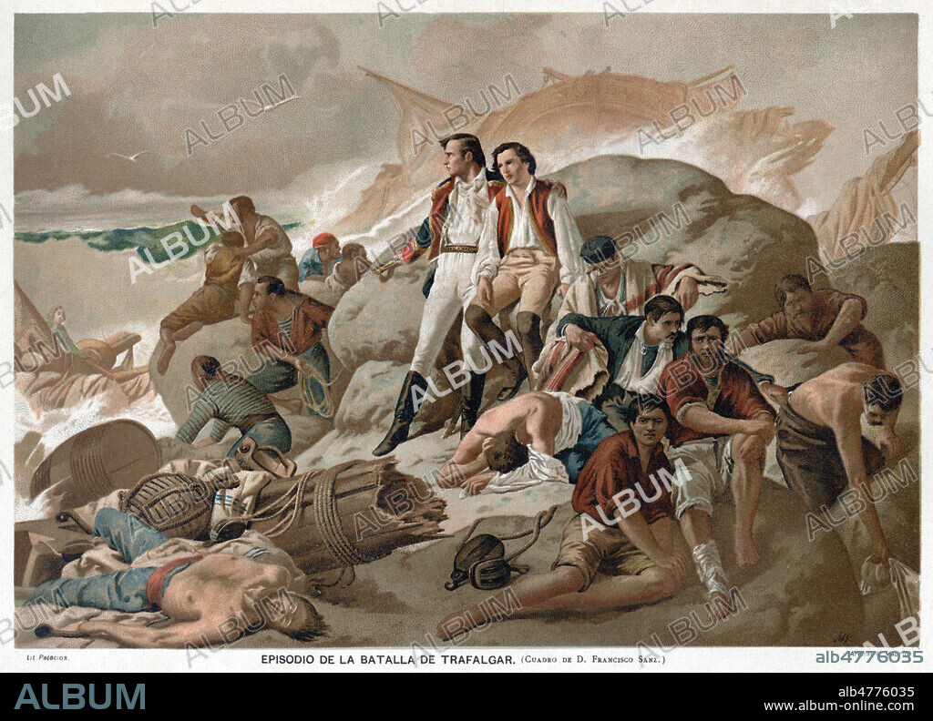 Episode de la bataille de Trafalgar en 1805. Illustration d'apres le tableau de 1862 par Francisco SANS pour Historia des Espana vers 1885. Credit : Coll. Jonas/Kharbine-Tapabor.