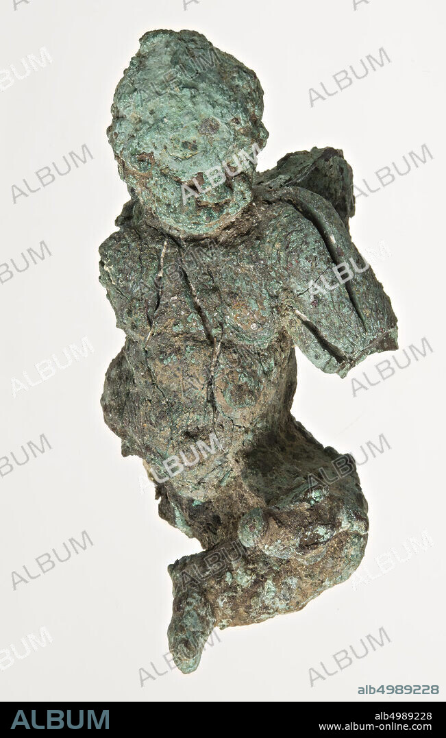 Bronze figure of sitting Eros. He probably held some animal, the head of which is still on the left knee. On the back vestiges of wings. Very corroded and split. Right arm and leg are missing, the left arm is broken above the elbow., Figure, Eros, metal, bronze, roman 1-300, Netherlands, unknown, unknown, unknown.