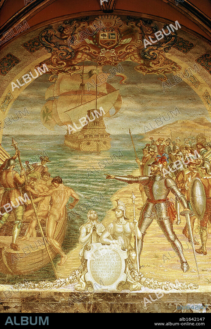 Francisco Pizarro (c1478-1541) Spanish conquistador. Pizarro and his soldiers on the island of Gallo. Mosaic from Pizarro's tomb in Lima Cathedral.