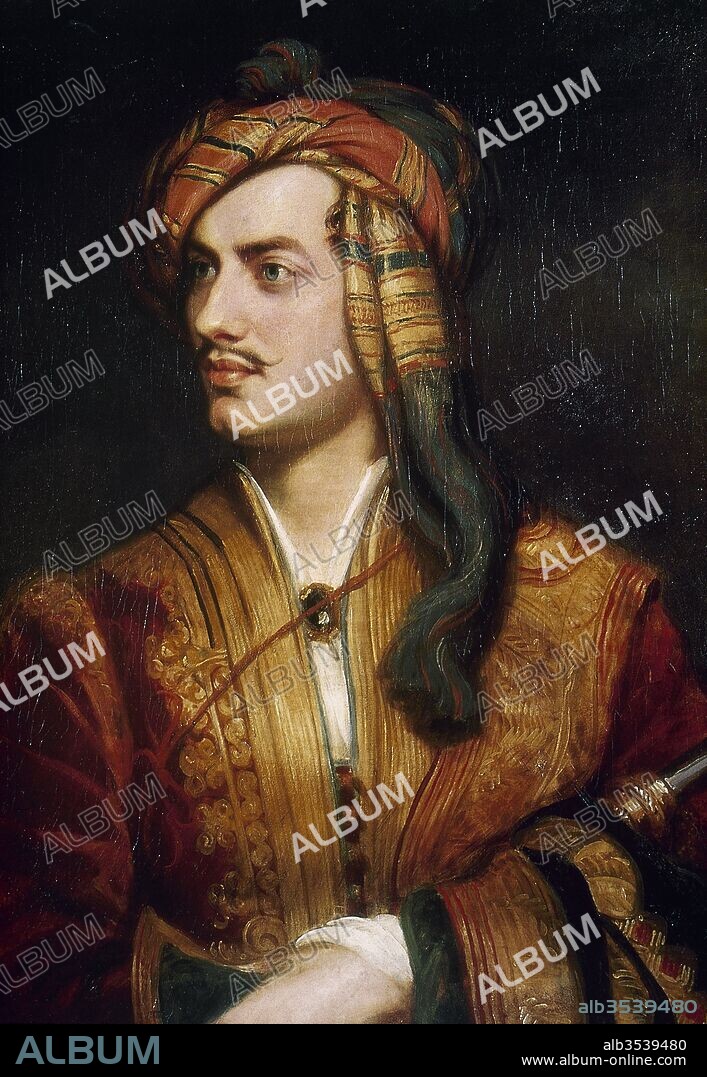 Lord Byron (George Gordon Byron) (Londres, 1788-Mesolongi, Grecia, 1824). 6º Barón de Byron. Poeta británico, considerado uno de los máximos representantes del romanticismo europeo. Retrato de Lord Byron en traje de albanés. Realizado por Thomas Phillips, 1835. National Portrait Gallery. Londres, Inglaterra.