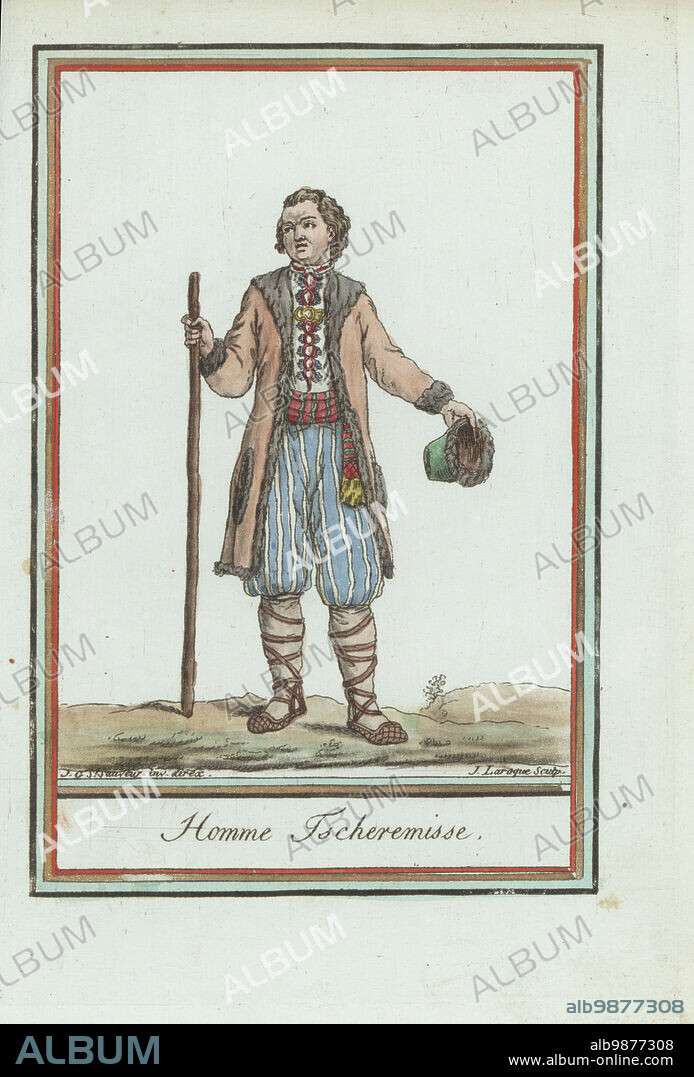 Man of the Mari people (Cheremisa or Cheremis) of Russia. In furred jerkin coat, embroidered linen shirt, sash, culottes, gaiters, shoes, holding a staff and fur cap. Homme Tscheremisse. Handcoloured copperplate engraving by J. Laroque after a design by Jacques Grasset de Saint-Sauveur from his Encyclopedie des voyages, Encyclopedia of Voyages, Bordeaux, France, 1792.