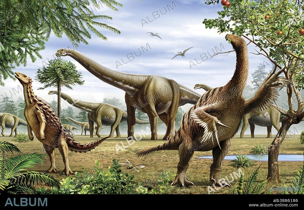 A grouo of Scelidosaurus, Nothronychus and Argentinosaurus dinosarus grazing on trees and leaves.